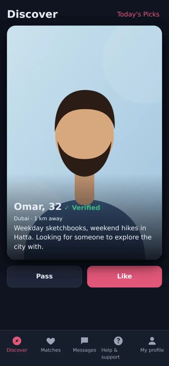 Discover: a profile card with photo, name, city and distance