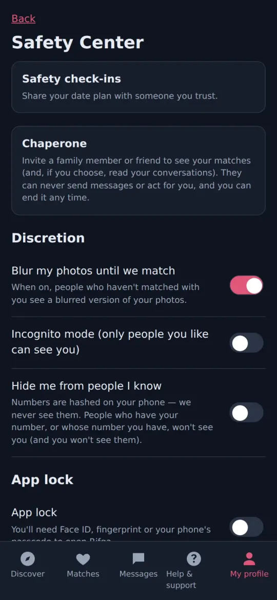 Privacy settings: blurred photos, incognito, and more